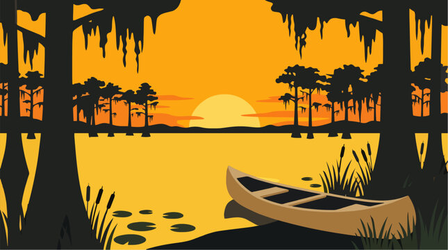 A peaceful sunset over a swamp with a wooden canoe on the shore and silhouetted cypress trees with hanging moss.