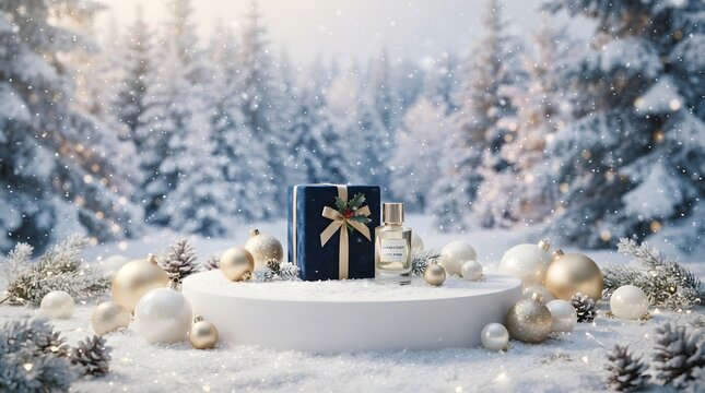 Christmas product display with a blue gift box and perfume bottle on a white pedestal in a snowy forest setting with golden ornaments