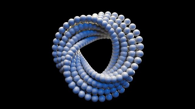Abstract dynamic animation featuring a complex rotating toroidal ring composed of intertwined strands of glossy white and blue spheres against a dark background.