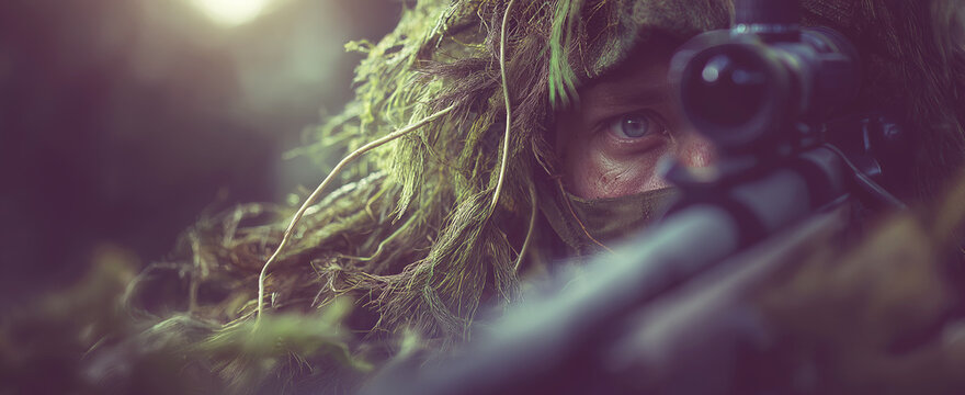 Sniper in ghillie suit aiming a rifle with a telescopic sight, eyes showing intense focus and determination for a mission