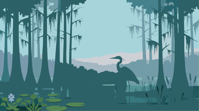 Flat vector illustration of a heron silhouette standing in a serene swamp environment with cypress trees and lily pads.