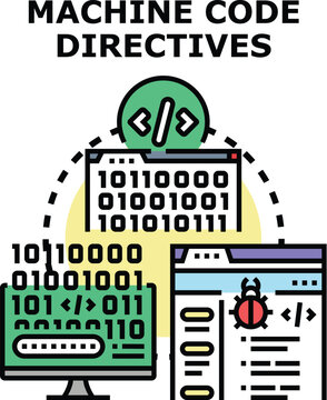 The illustration conceptualizes machine code directives. Presenting the compilation and debugging stages within a development environment