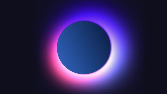 Abstract dynamic animation featuring a central dark blue circular disc illuminated by a vibrant glowing neon ring with gradient pink, purple, and blue backlighting against a dark background.