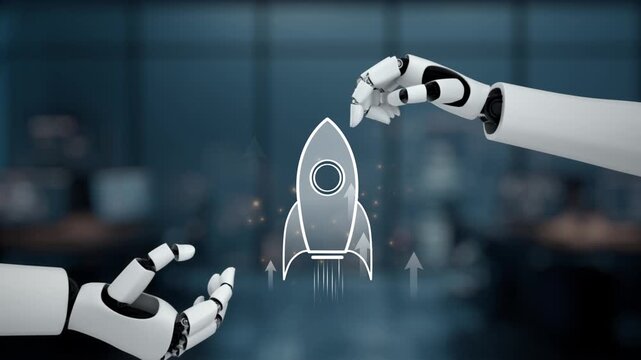 A dynamic illustration of a rocket launching amidst robotic arms, symbolizing the fusion of technology and innovation in a modern workspace environment. Synapse