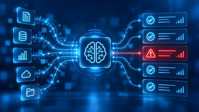 Artificial intelligence brain processor analyzing data streams and detecting a system error shown as a red warning alert on a digital interface
