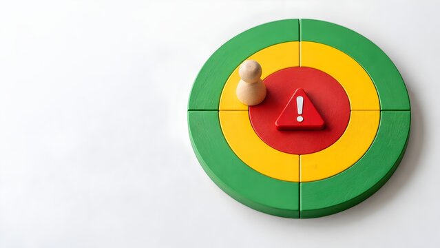 Wooden pawn standing near a red warning alert at the center of a circular target puzzle symbolizing business risk and strategic vulnerability
