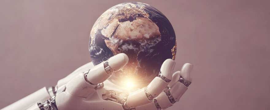 Robot hand holding Earth, symbolizing artificial intelligence controlling global future technology and sustainability