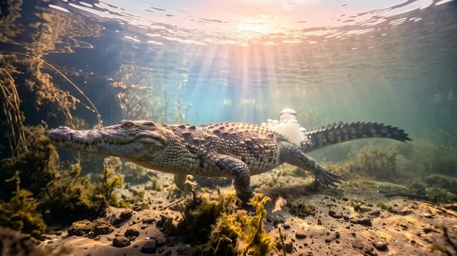 nile crocodile underwater at morning light in okavango delta botswana video