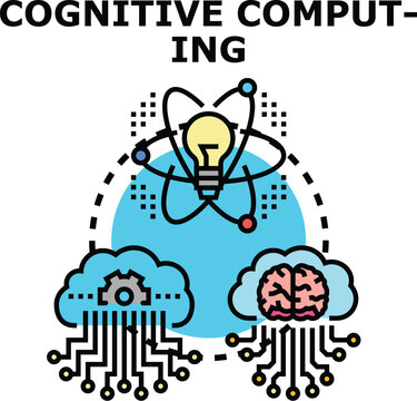 Cognitive computing concept showing an intelligent system integrating human like thought processes with advanced data processing and cloud technology solutions, fostering innovation