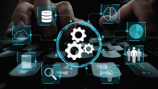 Digital Technology Concept with Gears and Icons Illustrating Automation, Cloud Computing, Data Analysis, and Innovation in a Modern Workspace. Entropy.