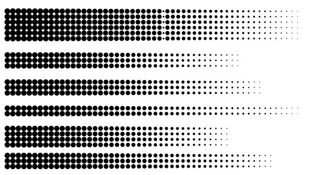 Halftone dot stripes fading from black to white. Six horizontal dotted gradient bars, comic speed line borders, pop art raster banner strips and dividers isolated on white. Image set