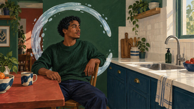 Man seated at kitchen table inside a swirling water bubble. Surreal domestic scene with houseplants and sink. Personal space and emotional protection concept. Contemporary lifestyle