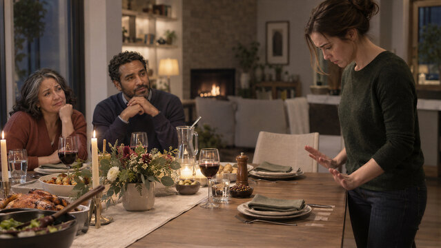 Woman standing beside a dinner table as two guests watch her in a home dining room. Family gathering and social tension. Holiday meal and interpersonal communication