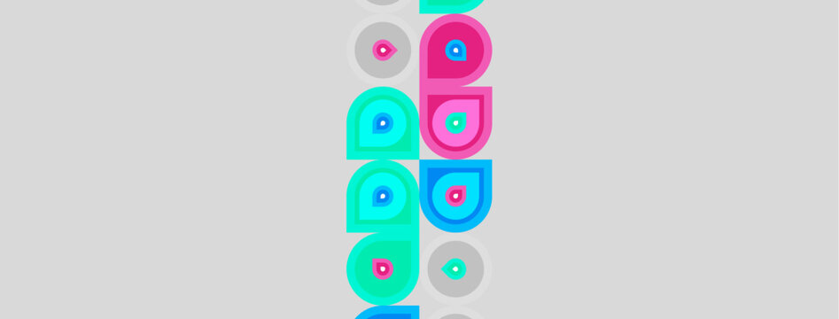 Abstract pattern features colorful circles, semicircles. Light gray background provides contrast. Simple geometric shapes repeat vertically.