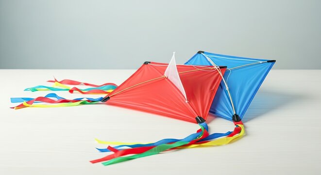 Two colorful kites rest on a white table. A red kite and a blue kite are side by side, each adorned with ribbons in various colors.