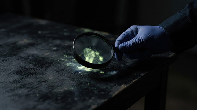 Forensic expert examining glowing fluorescent powder on a dark table surface using a magnifying glass