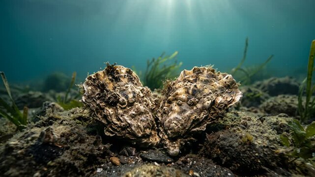 two oyster close up underwater at morning light in chesapeake bay usa video