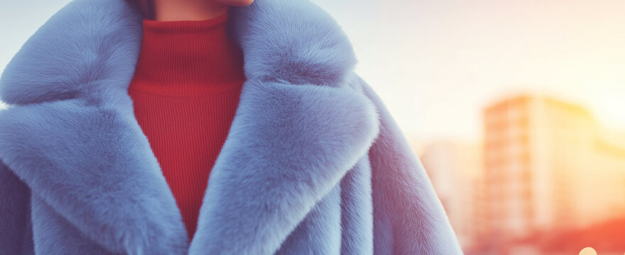 Stylish woman wearing light blue faux fur coat and red turtleneck, walking outdoors during sunset