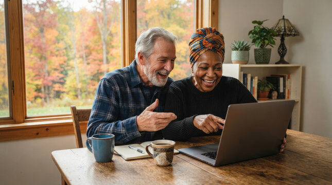 A smiling elderly couple is looking at a laptop together. The man, with white hair and a beard, gestures enthusiastically while the woman, with dark hair and a vibrant headwrap, laughs joyfully.