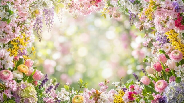 A vibrant, close-up image showcases a profuse floral arrangement overflowing with a multitude of colorful blossoms.