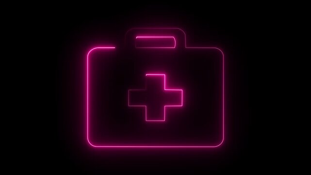Pink neon first aid kit icon on dark background, glowing medical briefcase healthcare cross symbol.