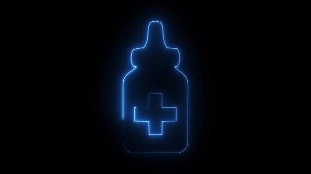 Blue neon medicine dropper bottle icon on dark background, glowing nasal spray healthcare symbol.