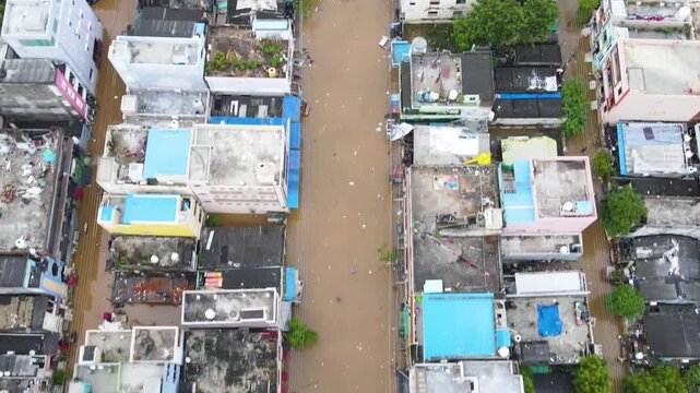 Top view of a city in India completely flooded as a result of monsoon rains.