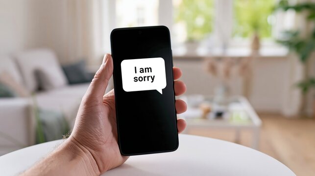 Hand Holding Smartphone with I Am Sorry Message in Chat Bubble