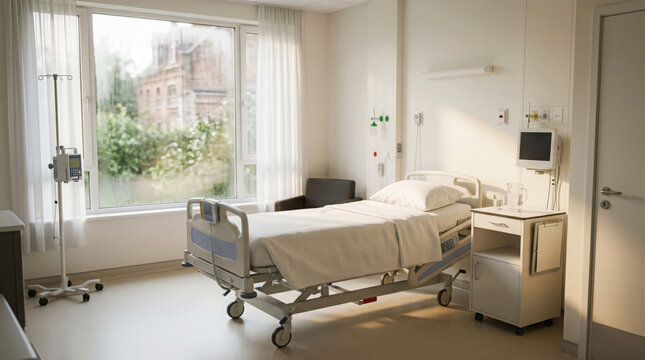 Hospital bed standing empty in sunlit private clinic patient recovery room with window and modern medical console