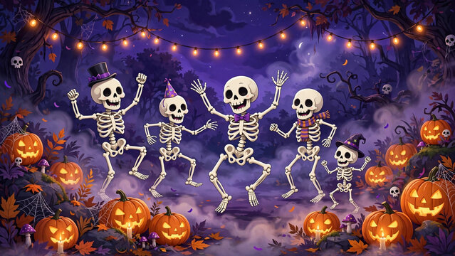 Cheerful dancing skeletons at a Halloween party with glowing pumpkins and string lights