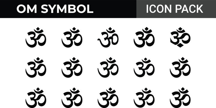 Om symbol icon pack, 15 spiritual hindu yoga signs, black minimalist religious vector elements, sacred aum calligraphy for meditation