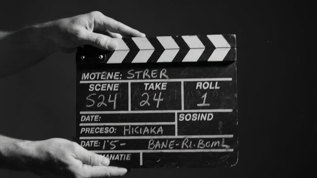 Close up of a film crew member's hands holding and clapping a professional movie slate or clapperboard in black and white with vintage film grain effects, cinematic production concept.