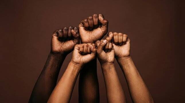 Group of diverse people raising fists in the air as a symbol of protest unity power and social justice against a brown background