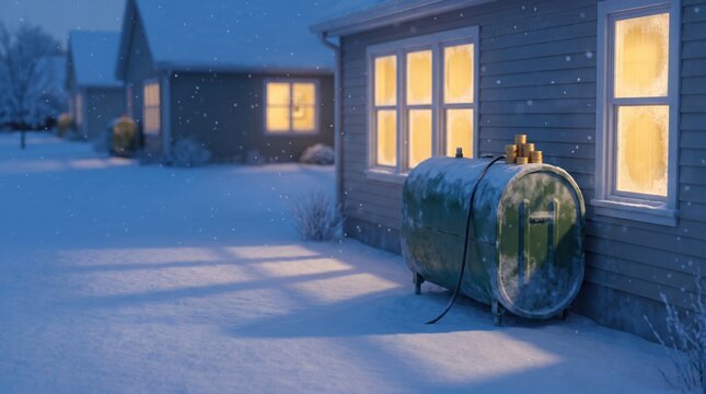 Outdoor oil tank covered in snow with coins for winter home heating cost and energy crisis concept