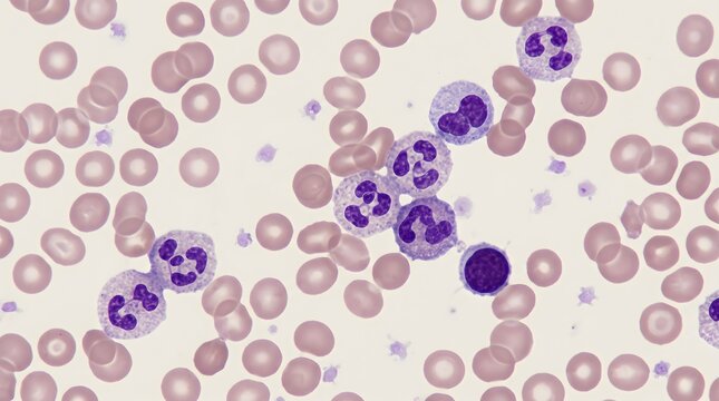 Human blood smear showing red and white blood cells under microscope