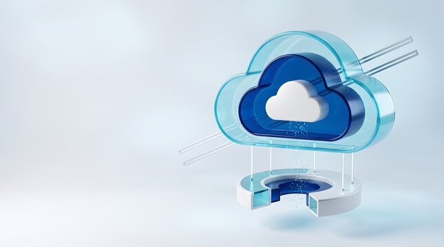 Cloud storage icon with digital rain particles falling into circular data hub on clean white background for cloud computing and data analytics 3D render illustration