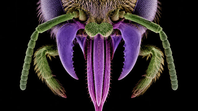 Colorized electron microscope image of bee tongue and mandible in purple and green on black background, macro biology science concept