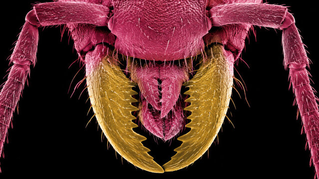 Colorized electron microscope view of insect mouthpart with pink and yellow mandible on black background, macro science visualization for scientific research