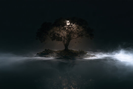 Lone tree standing strong on a misty island &mdash; solitude, resilience and inner strength concept