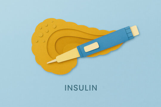 Paper craft art of insulin injection pen on layered golden paper pancreas shape, diabetes management concept on light blue background