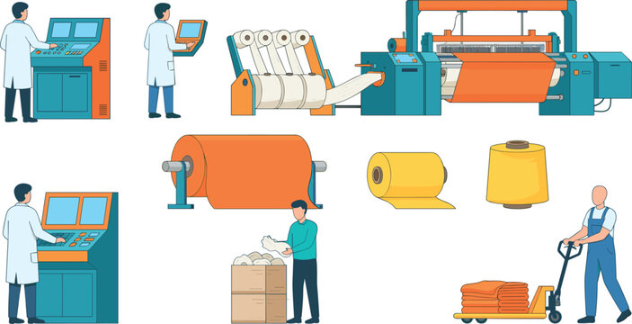 Automated textile factory machinery vector illustration set with industrial looms workers and fabric roll manufacturing production line elements