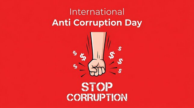 International anti-corruption day illustration with a clenched fist and floating dollar signs