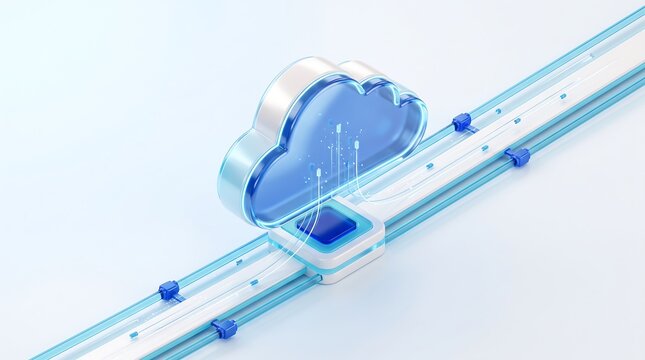 Futuristic digital cloud storage concept with streaming data packets traveling along a illuminated pathway toward a centralized cloud icon in a minimalist high-tech environment