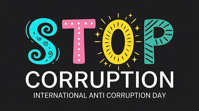Graphic design poster for international anti-corruption day with colorful bold lettering
