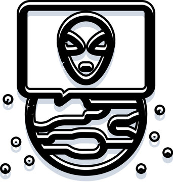 Stylized alien head on a screen above a planet with interconnected lines, symbolizing interstellar communication, global network, futuristic technology and cosmic contact transmission
