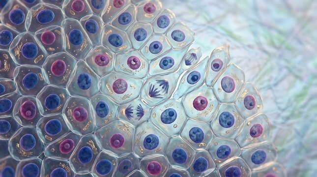 Microscopic plant cells undergoing mitosis and active cell division