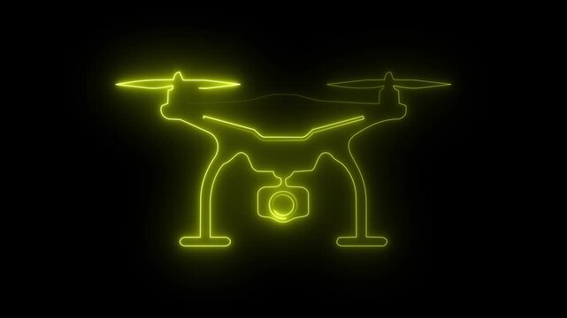 Yellow neon drone icon on dark background, glowing quad copter camera surveillance photo symbol.