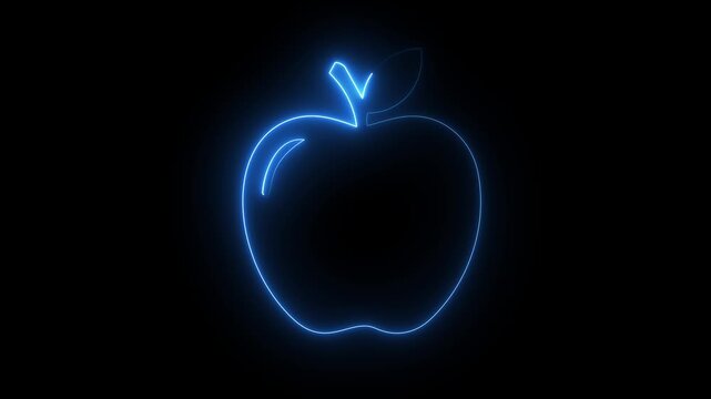 Blue neon apple fruit icon on dark background, glowing fresh food organic nutrition symbol.