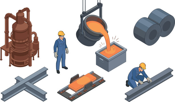 Isometric metallurgical factory vector illustration set with foundry workers molten metal casting furnace and steel manufacturing elements