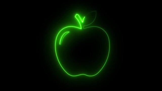 Green neon apple fruit icon on dark background, glowing fresh food organic nutrition symbol.